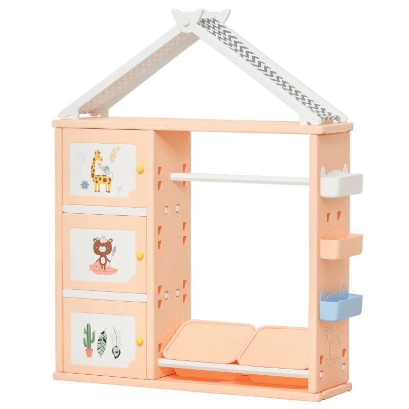Qaba Kids Dress Up Storage, Multifunctional Kids Wardrobe Closet Hanging Rack Built for Kids Bedroom Storage, Featuring Bins, Cabinets, Top Shelf, and Drop-In Shelves, Orange