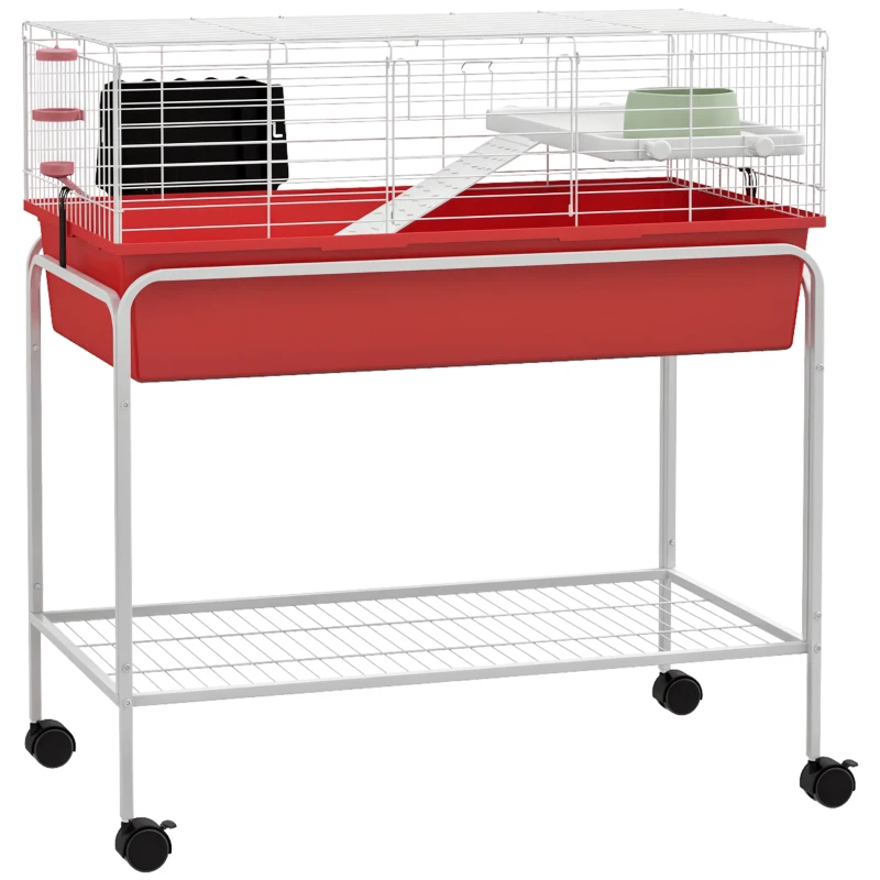 PawHut Two-Story Small Animal Cage Removable from Stand, Pet Habitat with Shelf & Wheels, 33" x 18.5" x 35", Red