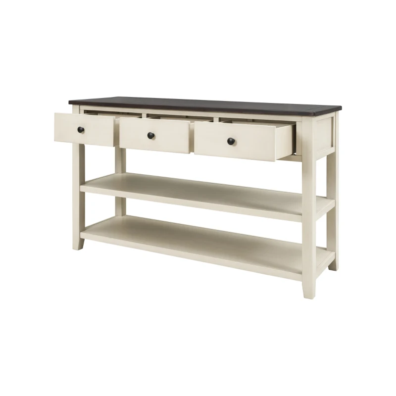 Mid-Century Retro Console Table with 3 Drawers, 2 Open Shelves, Circular Handles, Solid Pine Wood Frame, 50" L x 16" W x 30" H, Beige