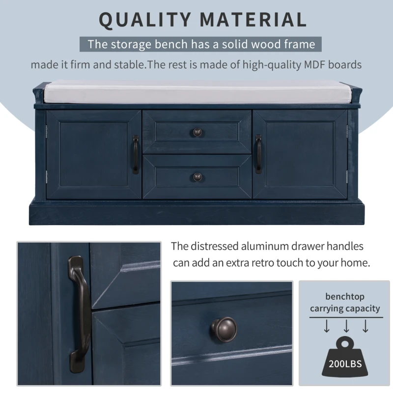Storage Bench Comfortable Seating, Adjustable Shelves and Removable Cushion for Entryway, 43" L x 16" W x 17.5" H, Antique Navy