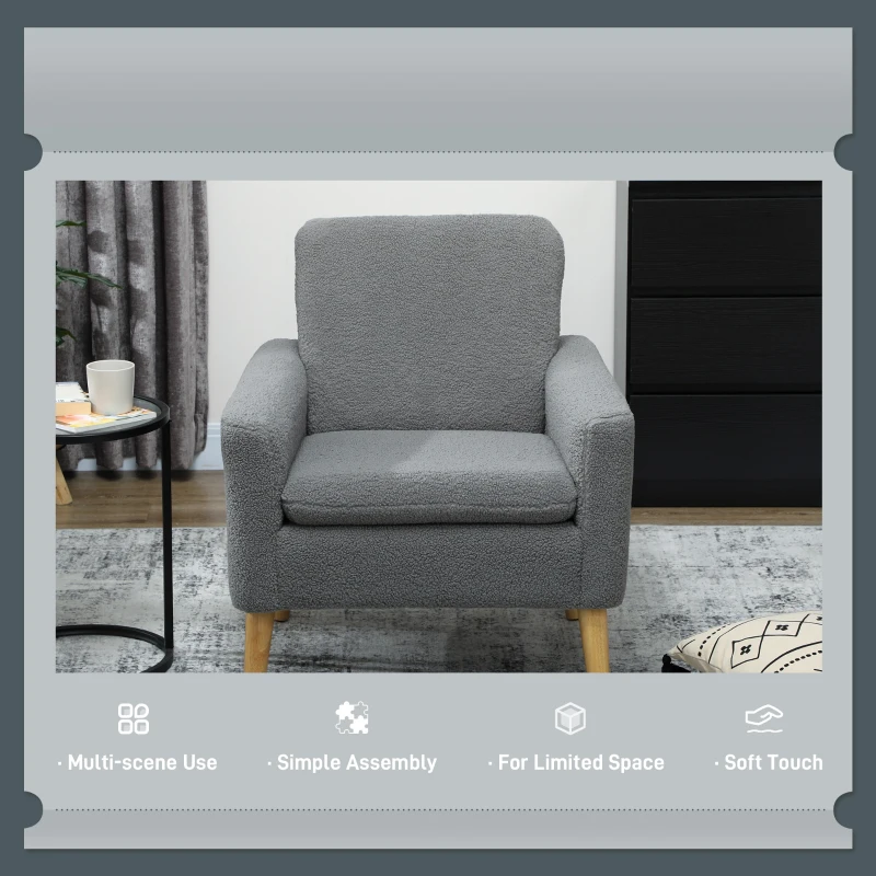 HOMCOM Fabric Accent Chair, Modern Upholstered Armchair with Wood Legs and Wide Padded Seat, Grey
