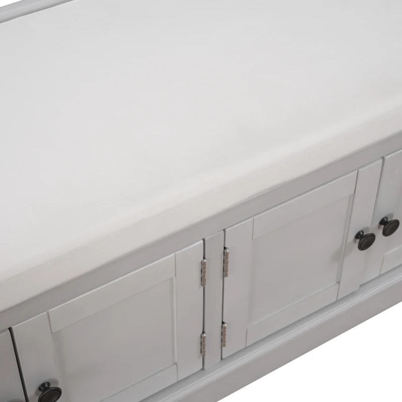 Storage Bench with 4 Doors and Adjustable Shelves, Comfortable Seating, Removable Cushion for Entryway, 43" L x 16" W x 17.5" H, Gray