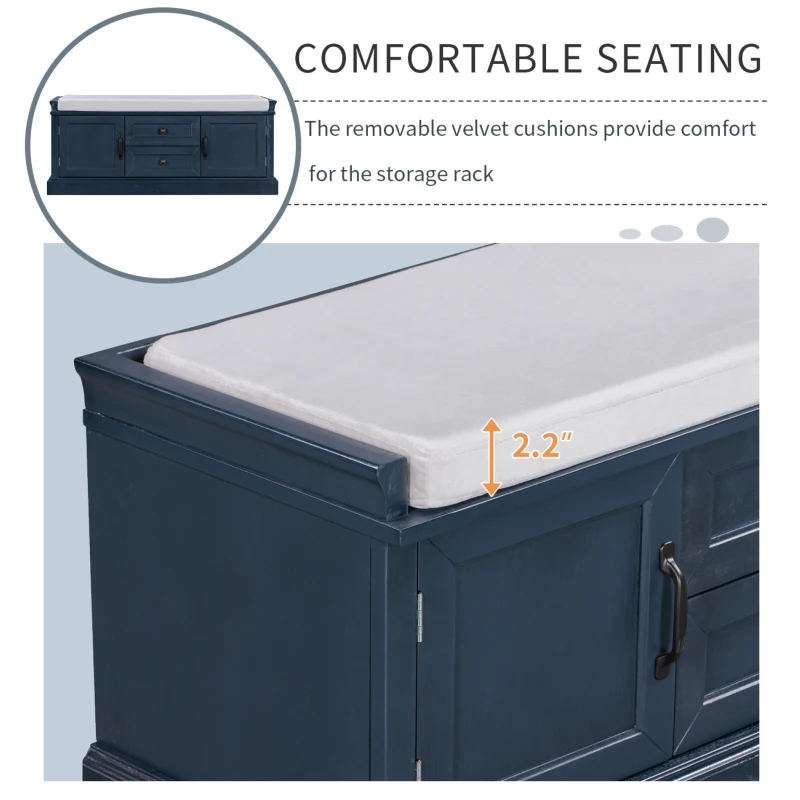 Storage Bench Comfortable Seating, Adjustable Shelves and Removable Cushion for Entryway, 43" L x 16" W x 17.5" H, Antique Navy