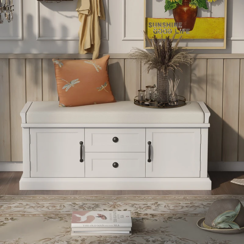 Storage Bench with Comfortable Seat and Adjustable Shelves, Shoe Bench with Removable Cushion for Entryway, 443" L x 16" W x 17.5" H, White