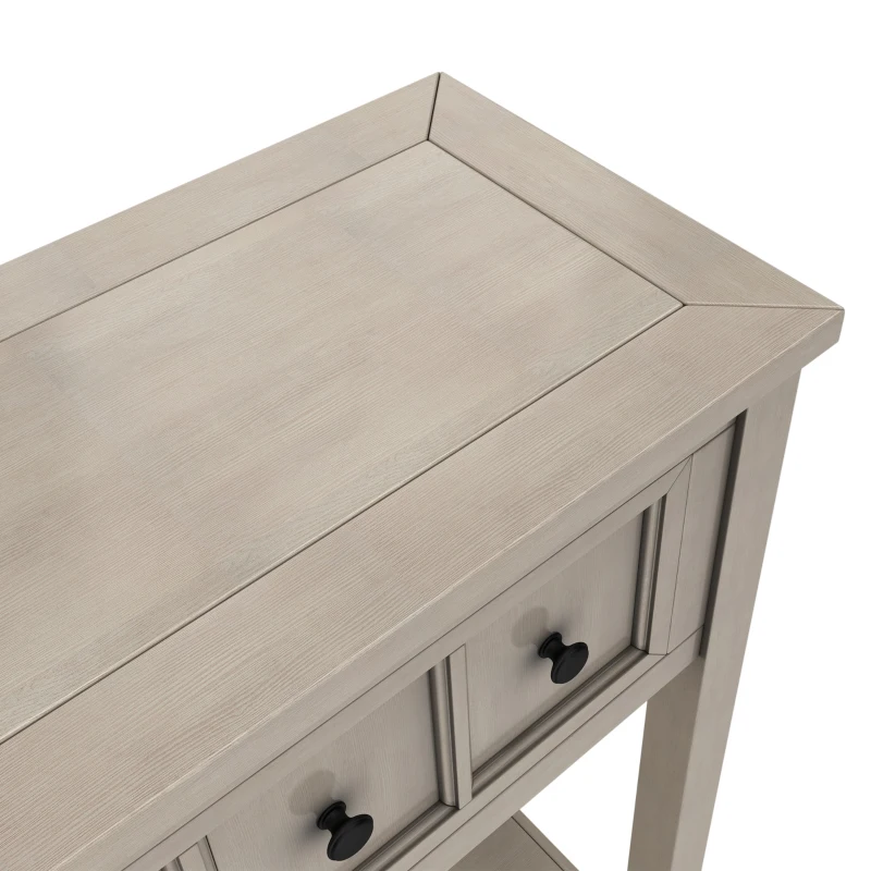 Rustic Entryway Console Table with Two Size Drawers, Bottom Shelf, Distressed Finish, Solid Timber Frame, 60" L x 11" W x 34" H, Gray