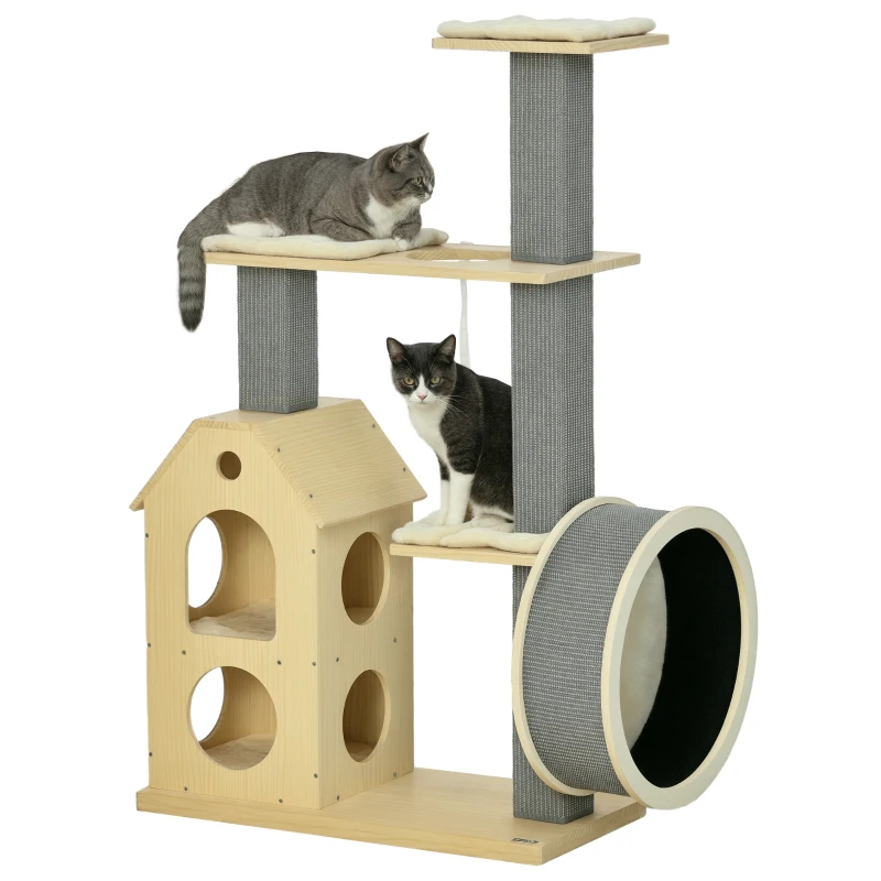 PawHut Cat Tree for Indoor Cats with Scratching Posts, Double-Layer House, 32" x 16" x 53", Natural
