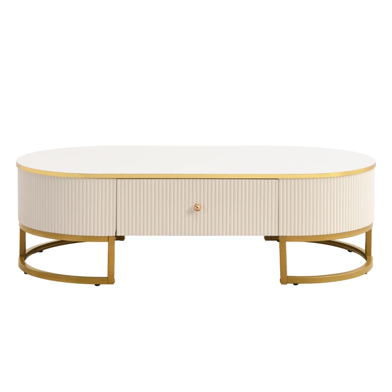 Modern High-Gloss Oval Coffee Table with Storage Drawers, Gold Lacquered Metal Base, Curved Design, 47" L x 23.5" W x 14.5" H, White+Gold