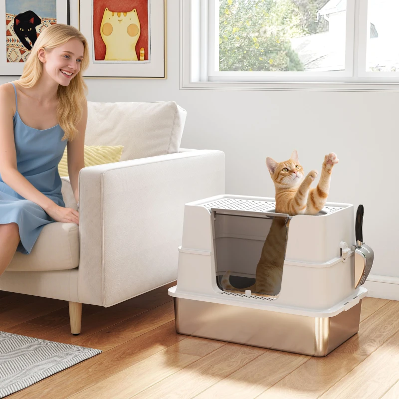 PawHut XL Stainless Steel Litter Box w/ 100° Flip Top, Scoop, Side Top Dual Entry, Odor Free, Easy Cleaning, Anti Leakage
