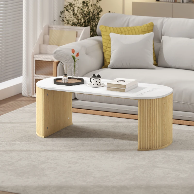 HOMCOM Coffee Table, Modern Marble-Effect Living Room Table with Round Corners and Thicken Legs, Natural Wood