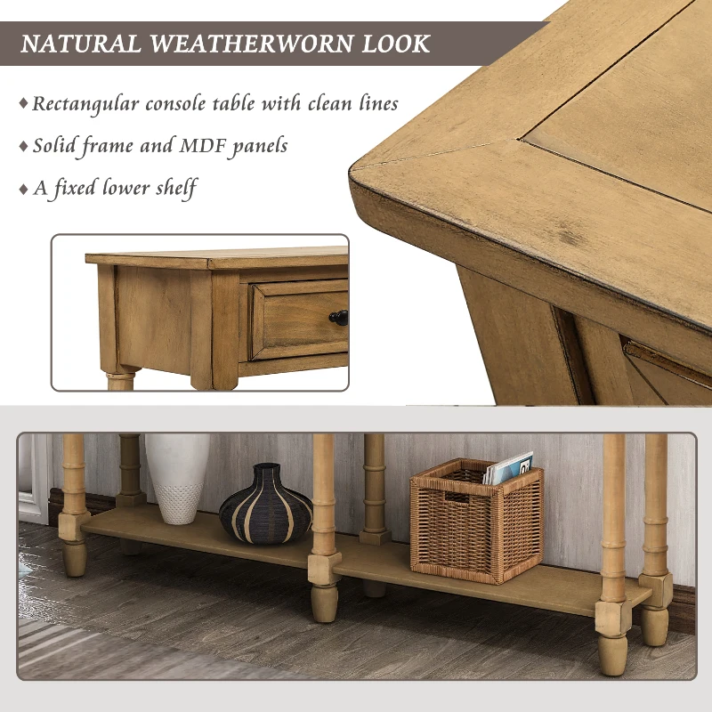 Rustic Console Table with Two Storage Drawers and Bottom Shelf, Solid Pine Wood Frame, Easy Assembly, 58" L x 11" W x 34" H, Natural