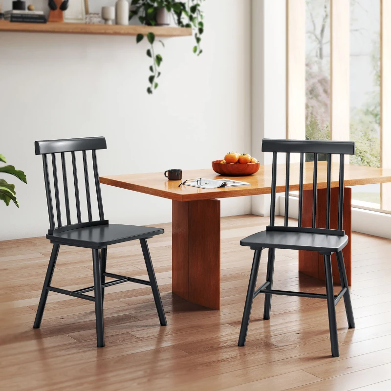 HOMCOM Dining Chairs Set of 2, Farmhouse Wood Kitchen Chairs with Rubber Wood Frame, Spindle Back for Dining Room, Black