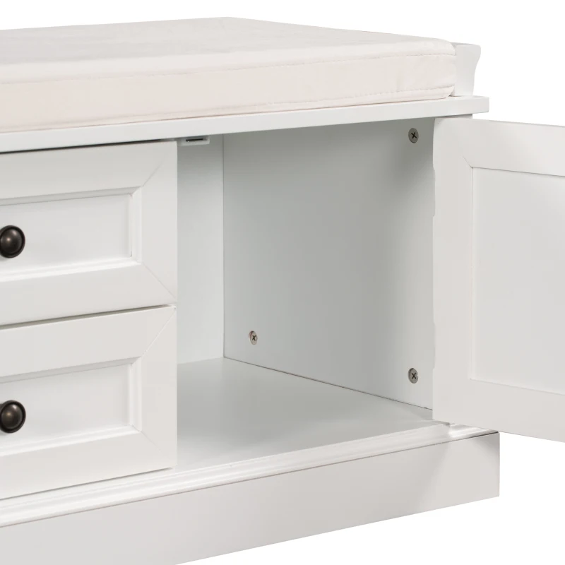Storage Bench with Comfortable Seat and Adjustable Shelves, Shoe Bench with Removable Cushion for Entryway, 443" L x 16" W x 17.5" H, White