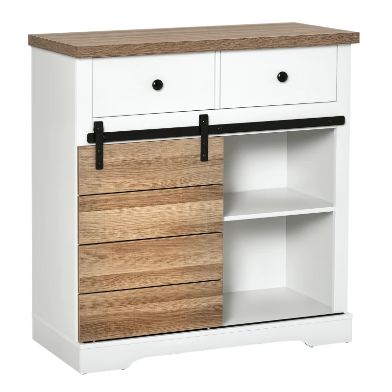 HOMCOM Farmhouse Coffee Bar Cabinet, Barn Door Wine Cabinet with Storage, Sideboard Buffet Cabinet with Wine Racks for Kitchen, White