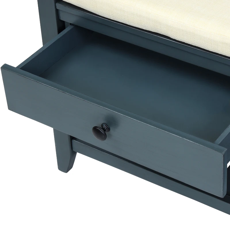 Shoe Rack with Cushioned Seat and Drawers, Pine Wood Frame, Multipurpose Entryway Storage Bench, 39" L x 14" W x 20" H, Antique Navy