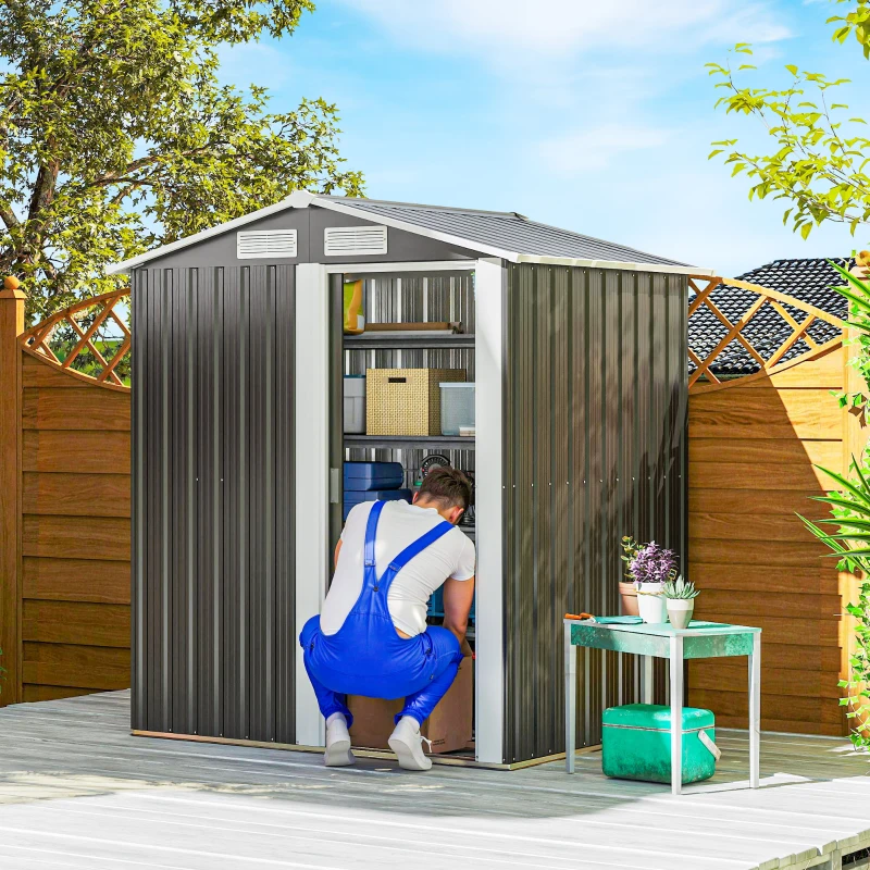 Outsunny 5ft x 4ft Garden Metal Storage Shed, Tool Storage Shed with Top Vents, Sliding Door, Sloped Roof and Foundation Kit for Garden, Patio, Lawn, Dark Grey