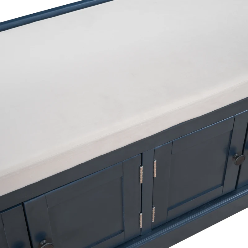 Storage Bench with 4 Doors and Comfortable Seating, Adjustable Shelves and Removable Cushion for Entryway, 43" L x 16" W x 17.5" H, Antique Navy