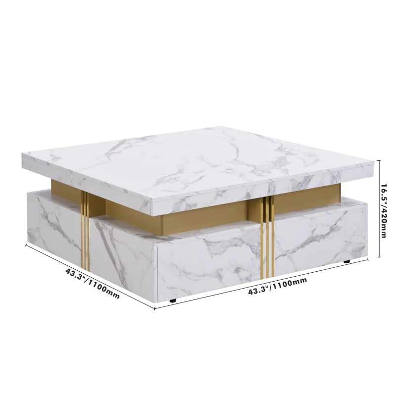 Modern Square Storage Coffee Table with 4 Drawers, MDF Construction, Ample Storage with Four Drawers, 43.5" L x 43.5" W x 16.5" H, White