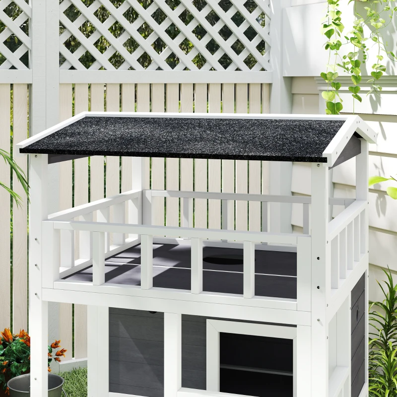PawHut Wooden Outdoor Cat House, Feral Cat Shelter Kitten Condo with Asphalt Roof, Escape Doors, Condo, Jumping Platform, Gray
