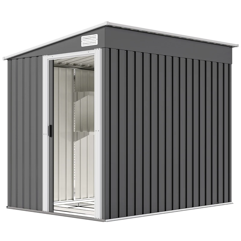 Outsunny 5'x7' Lean to Galvanized Metal Shed with Foundation, Garden Tool Storage House with Sliding Door and 2 Vents, Dark Grey