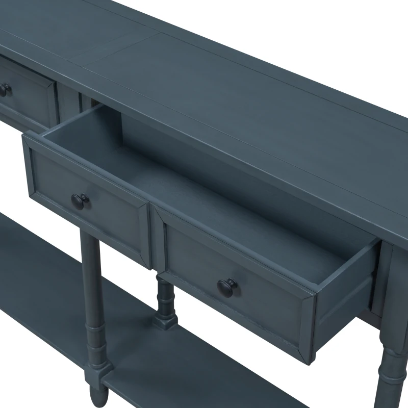 Console Table with Two Storage Drawers and Bottom Shelf, Solid Wood Frame, Easy Assembly, 58" L x 11" W x 34" H, Navy Blue
