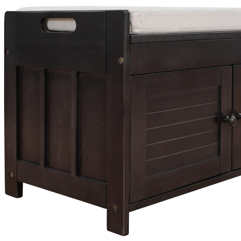 Rustic Storage Bench with Shutter-shaped Doors, Hidden Storage and Removable Cushion, 43.5" L x 16 " W x 18" H, Dark Brown