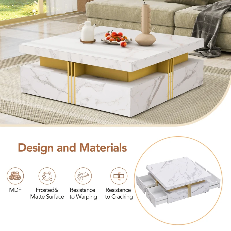 Modern Square Storage Coffee Table with 4 Drawers, MDF Construction, Ample Storage with Four Drawers, 43.5" L x 43.5" W x 16.5" H, White