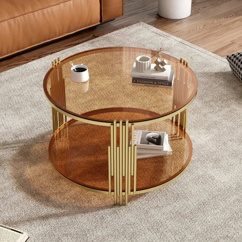 Modern Asymmetrical Coffee Table with Brown Glass Top, Circular Metal Drum Base, Lower Shelf, 31.5" L x 31.5" W x 20" H, Brown