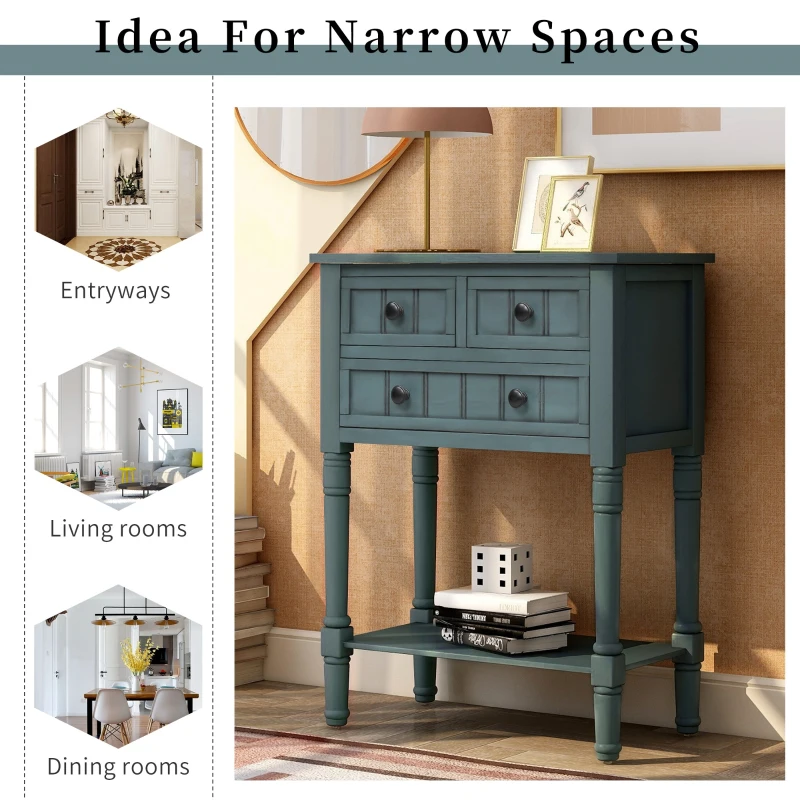 Elegant Narrow Console Table with Storage Drawers, Bottom Shelf, Tapered Legs, Round Knobs, Solid Wood Frame, 24" L x 13" W x 31" H, Navy