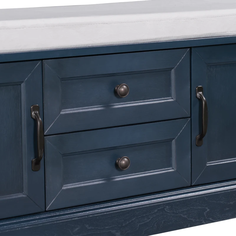 Storage Bench Comfortable Seating, Adjustable Shelves and Removable Cushion for Entryway, 43" L x 16" W x 17.5" H, Antique Navy