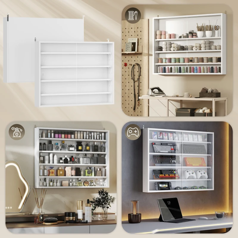 HOMCOM 5-Tier Display Cabinet, Wall-Mounted Display Case with 2 Glass Doors and Adjustable Shelves, White