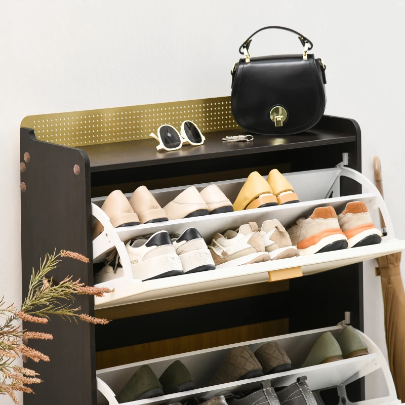 HOMCOM Shoe Cabinet, Modern Shoe Storage Cabinet with 2 Flip Drawers, Adjustable Shelves, Open Shelf and Bamboo Frame for Entryway, Hallway, Holds 12 Pairs, White
