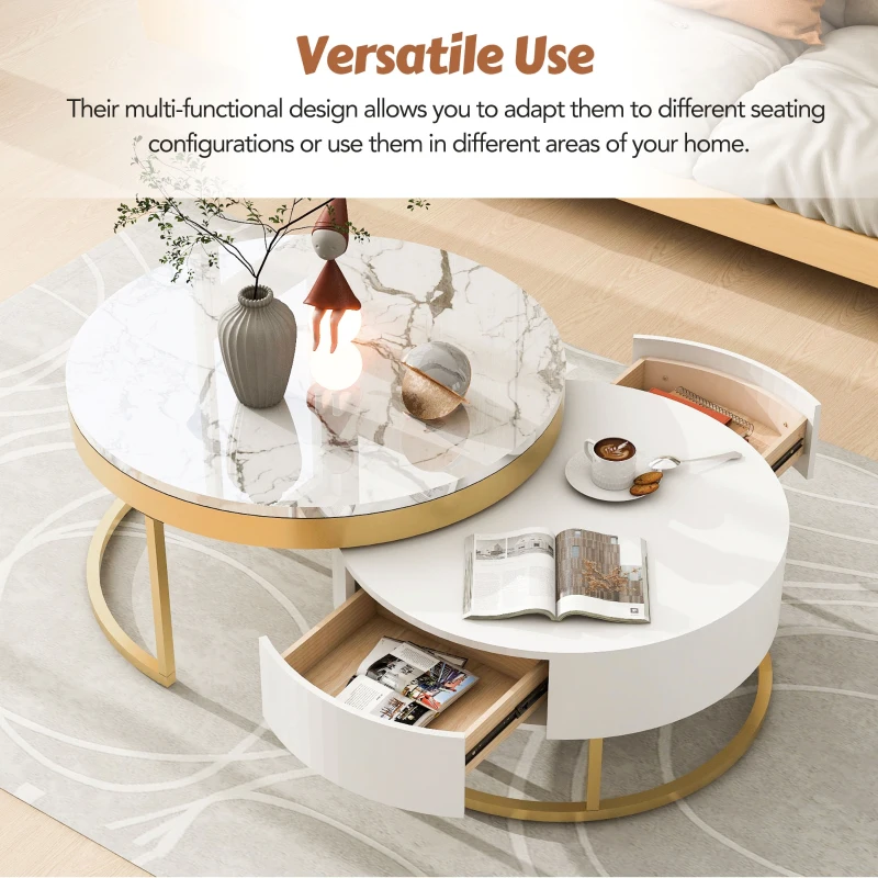Modern Round Nesting Coffee Table with Drawers, MDF and Metal Pedestal Base, Durable Construction, 31.5" L x 31.5" W x 17" H, Gold+White