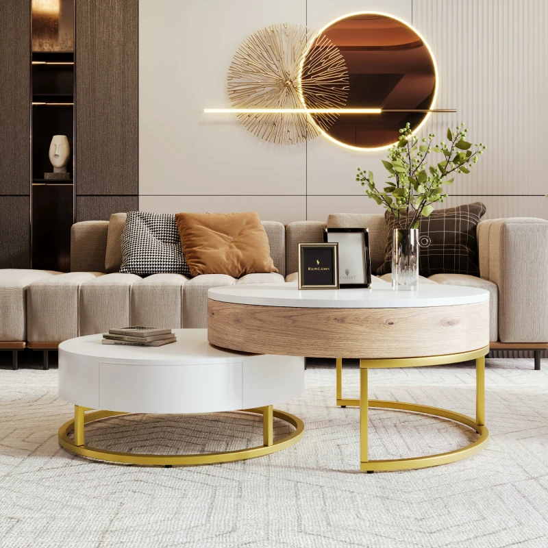 Modern Round Lift-top Nesting Coffee Tables with Hydraulic Lifting System, Space-saving Design, 31.5" L x 31.5" W x 16" H, Natural+White