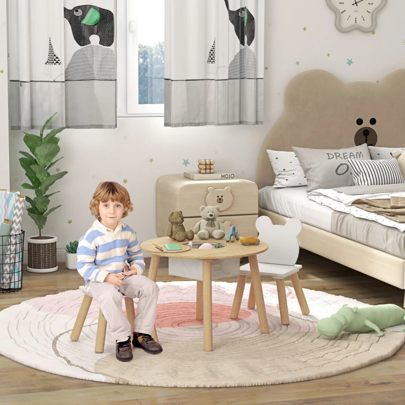 Qaba 3 Pieces Kids Table and Chair Set, Activity Table and Chair Set with Bear-Shaped Chairs, Mesh Bag