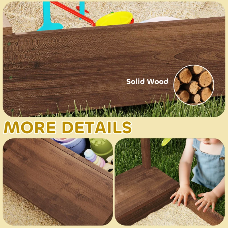 Qaba Kids Sandbox with Full Covered Canopy, Bench Seats, Bottom Liner, for Ages 3-6, 56" x 40" x 52", Brown