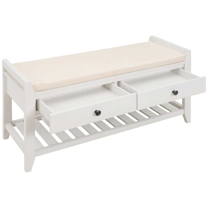 Multipurpose Entryway Storage Bench with Pine Wood Construction, Shoe Rack with Cushioned Seat and Drawers, 39" L x 14" W x 20" H, White