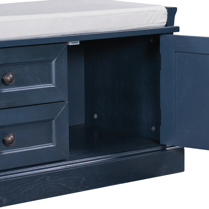 Storage Bench Comfortable Seating, Adjustable Shelves and Removable Cushion for Entryway, 43" L x 16" W x 17.5" H, Antique Navy