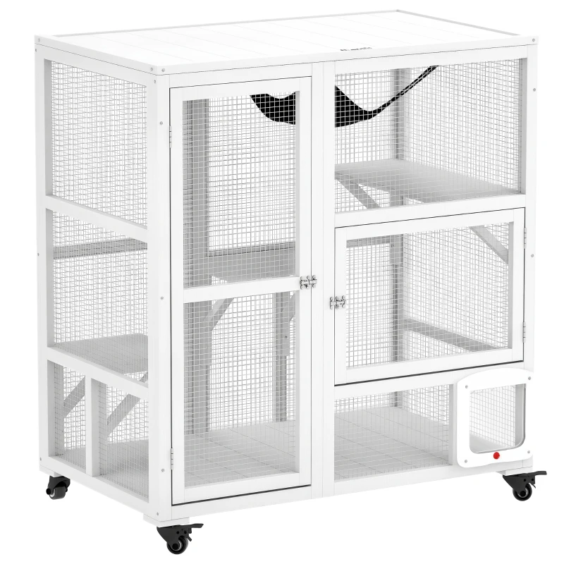 PawHut Cat House, Indoor Cat Enclosure on Wheels with Openable Top, 39", White