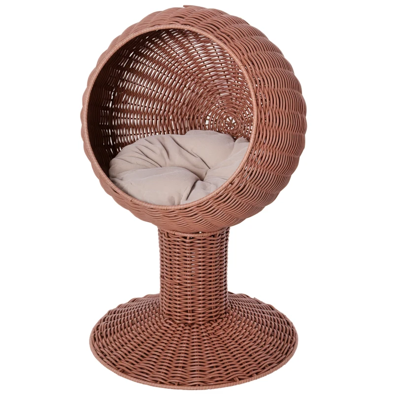 PawHut Elevated Cat Bed with Rotatable Egg Chair Pod, Cat Basket Bed with Thick Cushion, Natural Mat Grass Woven Kitty House, Brown