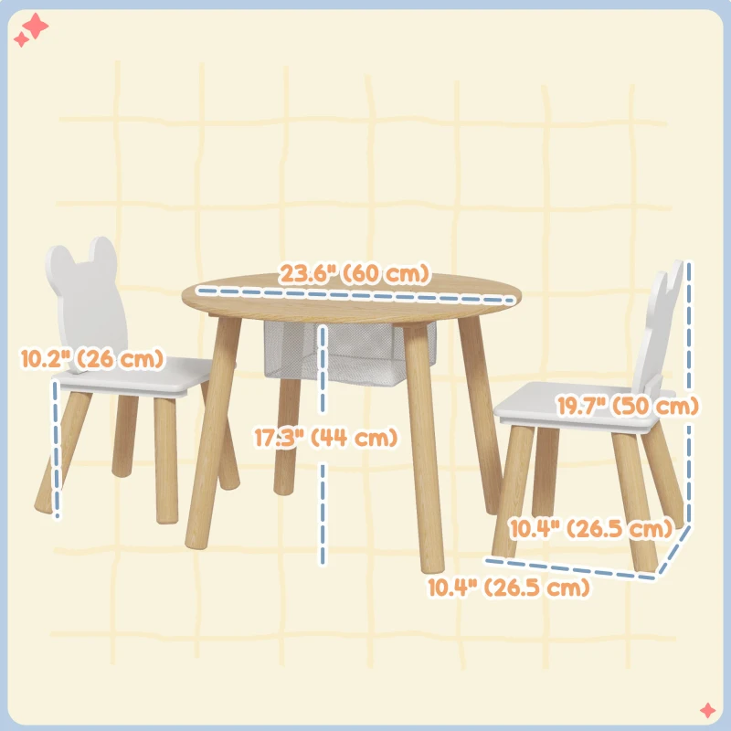 Qaba 3 Pieces Kids Table and Chair Set, Activity Table and Chair Set with Bear-Shaped Chairs, Mesh Bag