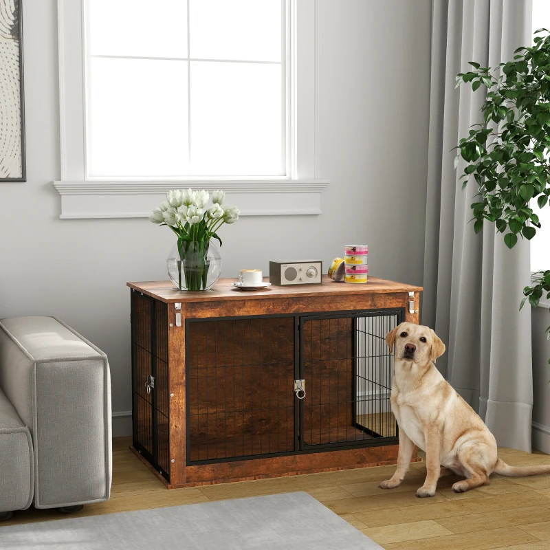 PawHut 39" Dog Crate Furniture with Flip-up Top Opening, 2 Doors, Dog Kennel Furniture for Large Dogs, Rustic Brown