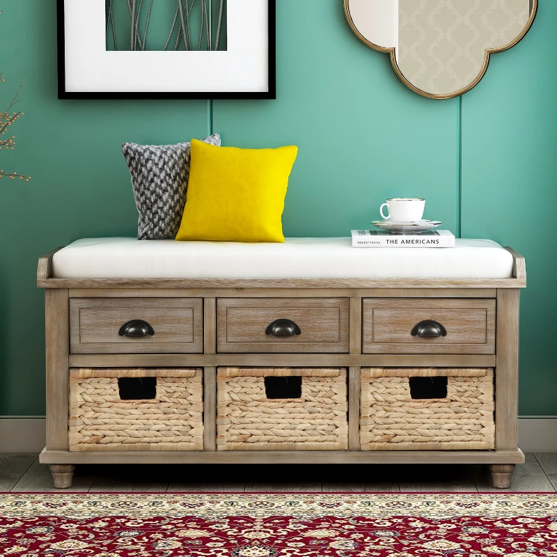 Rustic Storage Bench with 3 Drawers and Rattan Baskets, Acacia Wood Shoe Bench for Entryway, 42" L x 15.5" W x 19" H, White+Wood