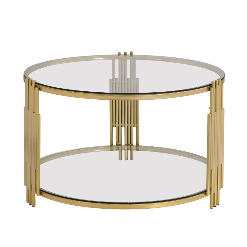 Modern Glass Coffee Table with Asymmetrical Metal Design, Circular Drum Base, Sofa Table with Lower Shelf, 31.5" L x 31.5" W x 20" H, Gold