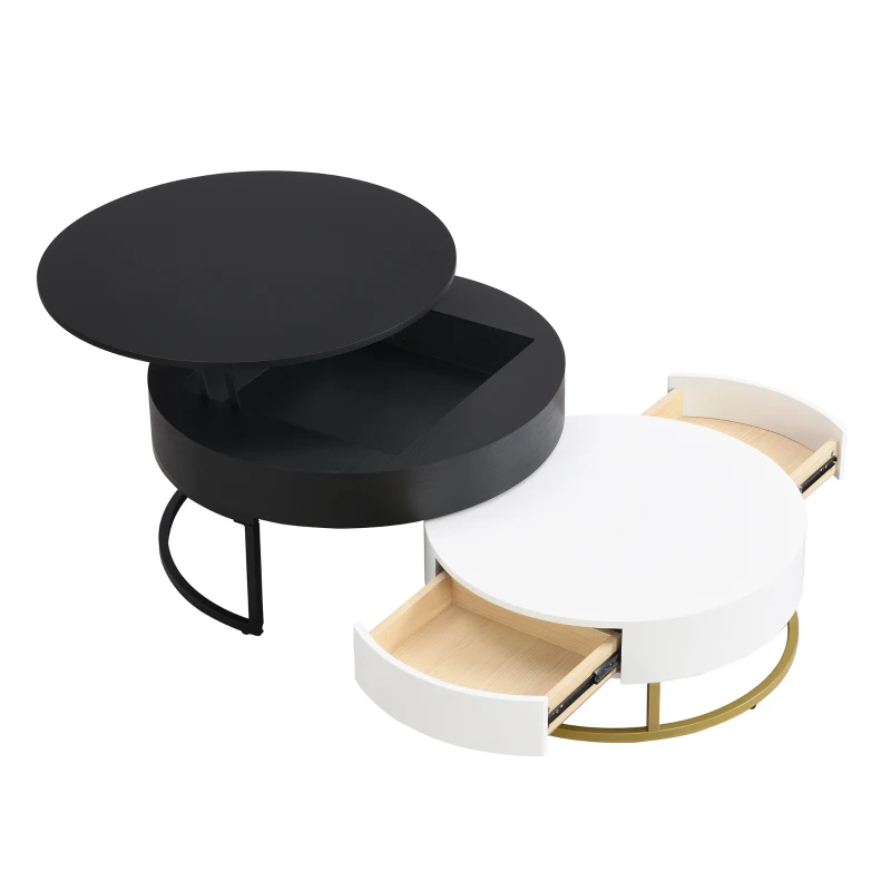 Modern Round Lift-top Nesting Coffee Tables with 2 Drawers, Space-saving Design, Storage Solutions, 31.5" L x 31.5.5" W x 22.5" H, White+Black