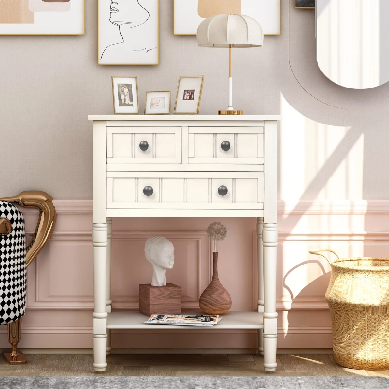 Solid Wood Narrow Console Table with Storage Drawers, Bottom Shelf, Slim Sofa Table for Entryway, Living Room, 24" L x 13" W x 31" H, White