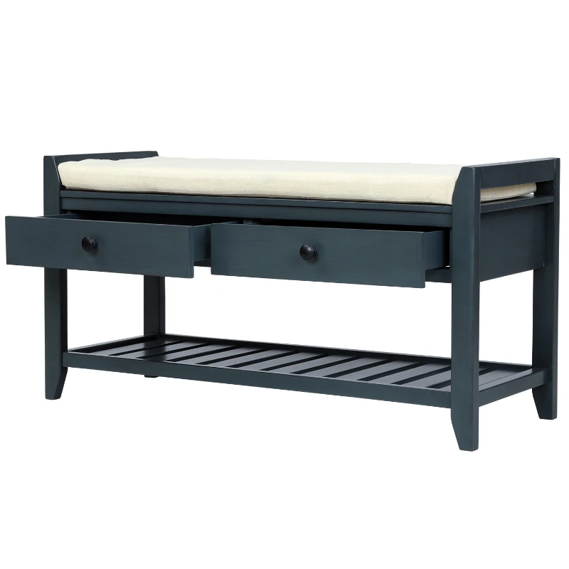 Shoe Rack with Cushioned Seat and Drawers, Pine Wood Frame, Multipurpose Entryway Storage Bench, 39" L x 14" W x 20" H, Antique Navy