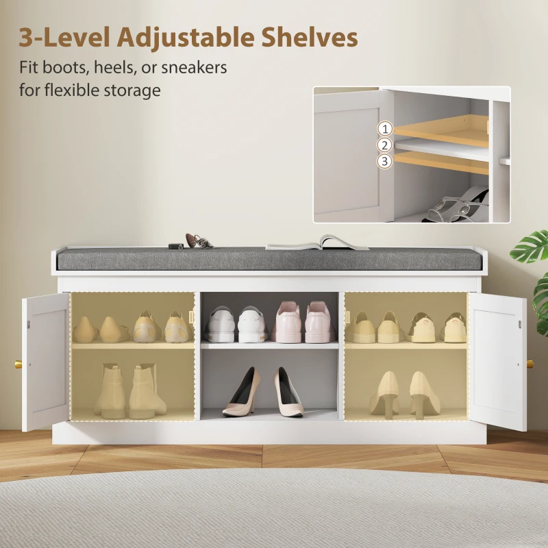 HOMCOM Shoe Bench with Padded Cushion, Boho Entryway Bench with Rattan Doors and Adjustable Shelves, Holds 9 Pairs, White