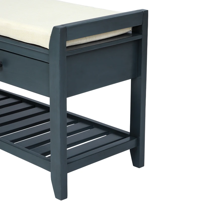 Shoe Rack with Cushioned Seat and Drawers, Pine Wood Frame, Multipurpose Entryway Storage Bench, 39" L x 14" W x 20" H, Antique Navy