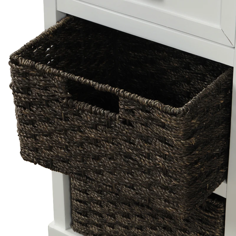 Rustic Storage Cabinet with Two Drawers and Four Rattan Baskets, Modern Farmhouse Style, Acacia Wood Frame, 28" L x 12" W x 28" H, White