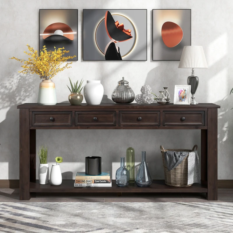 Rustic Chic Console Table with 4 Storage Drawers, Bottom Shelf, Solid Wood Frame, All Tools Included, 63" L x 14" W x 30" H, Dark Brown